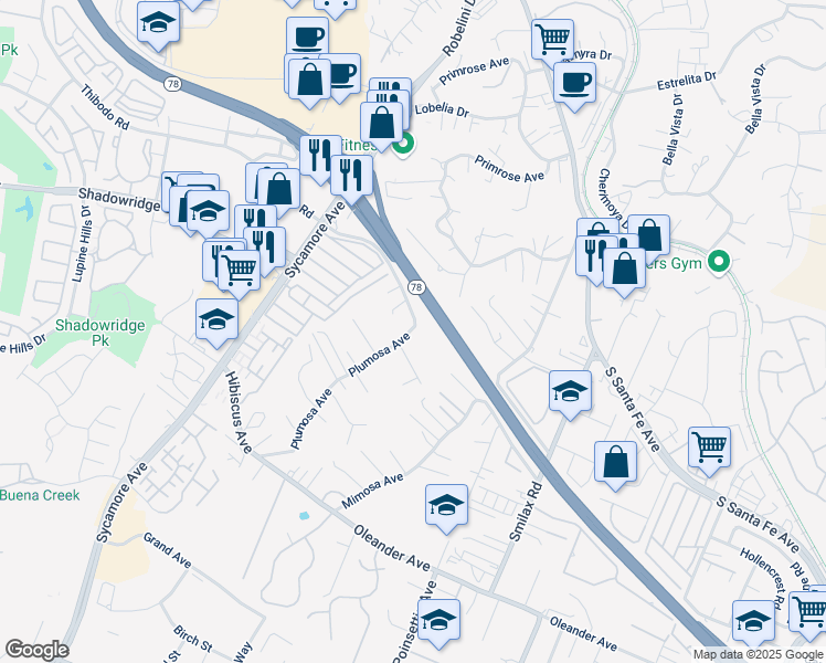 map of restaurants, bars, coffee shops, grocery stores, and more near 540 Plumosa Avenue in Vista