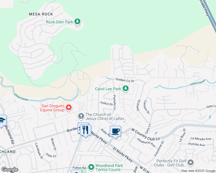 map of restaurants, bars, coffee shops, grocery stores, and more near 2012 Pamela Lane in Escondido