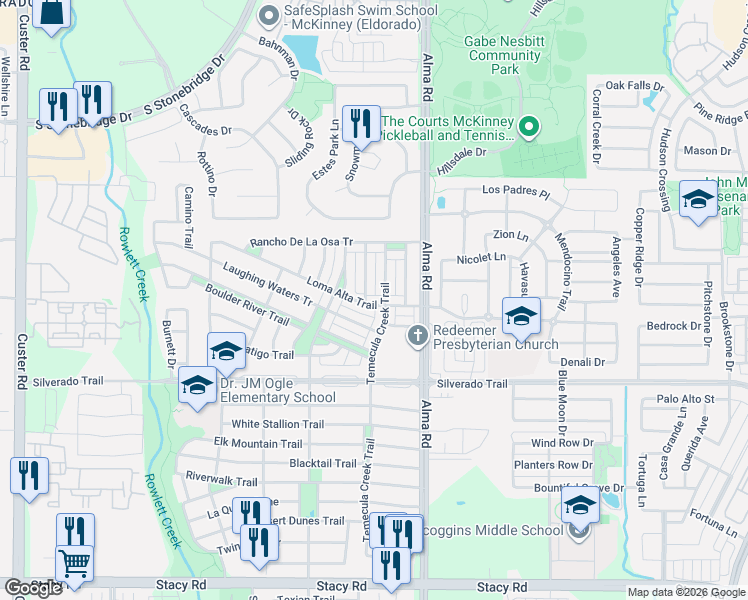 map of restaurants, bars, coffee shops, grocery stores, and more near 7801 Loma Alta Trail in McKinney