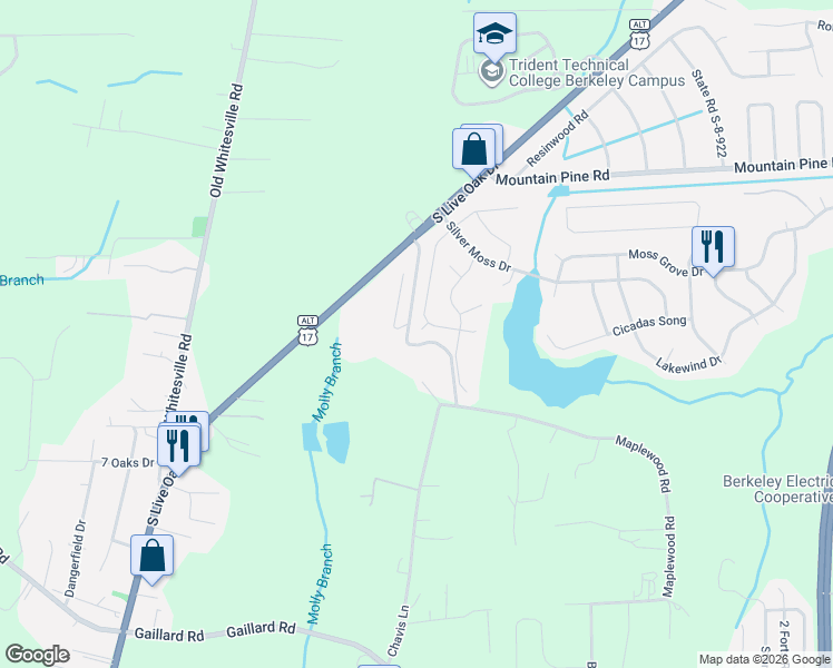 map of restaurants, bars, coffee shops, grocery stores, and more near 406 Bear Tree Court in Moncks Corner