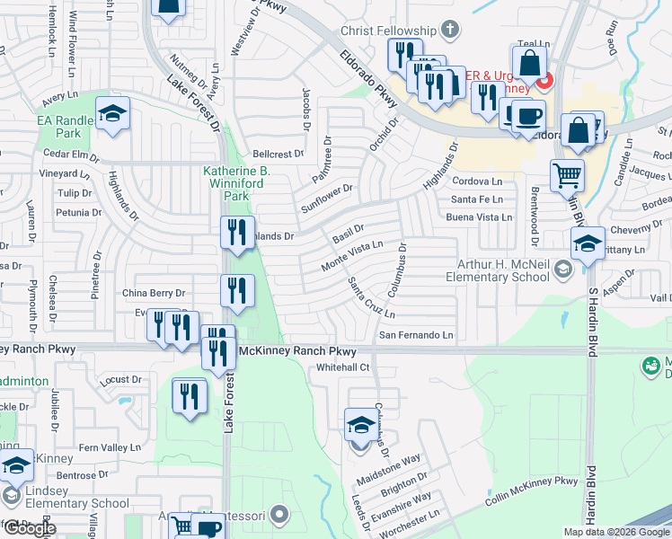 map of restaurants, bars, coffee shops, grocery stores, and more near 4800 Spanish Moss Drive in McKinney