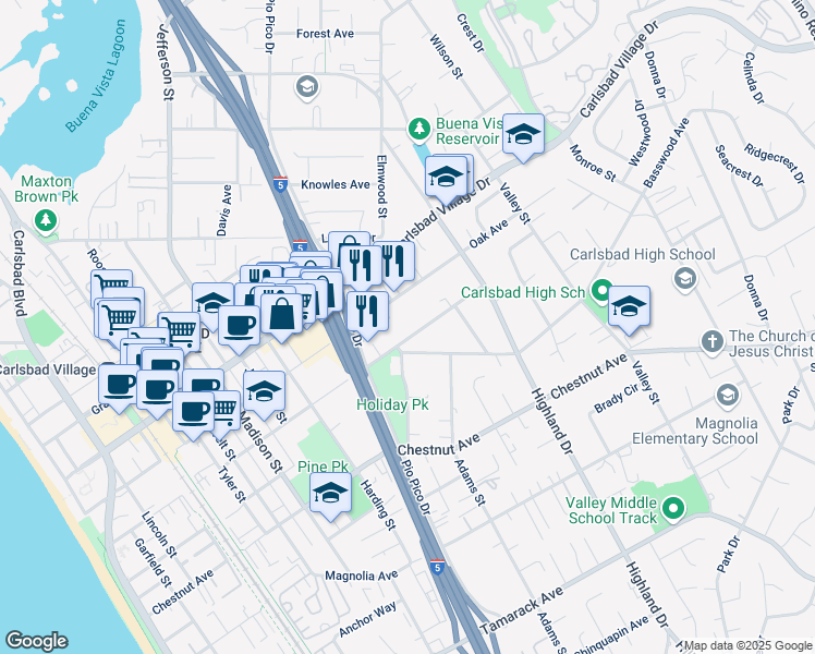 map of restaurants, bars, coffee shops, grocery stores, and more near 1276 Pine Avenue in Carlsbad