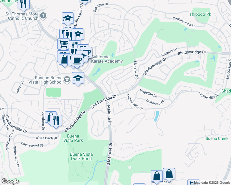 map of restaurants, bars, coffee shops, grocery stores, and more near 1500 Shadowridge Drive in Vista