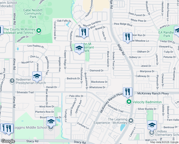 map of restaurants, bars, coffee shops, grocery stores, and more near 6404 Flagstone Drive in McKinney