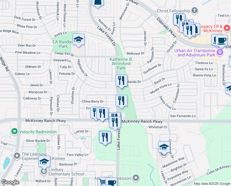 map of restaurants, bars, coffee shops, grocery stores, and more near 5001 Boxwood Lane in McKinney