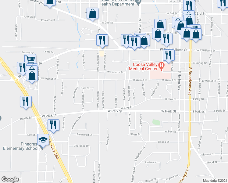 map of restaurants, bars, coffee shops, grocery stores, and more near 221 South Oak Avenue in Sylacauga