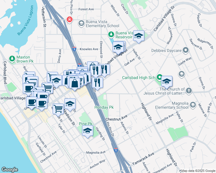 map of restaurants, bars, coffee shops, grocery stores, and more near 1276 Pine Avenue in Carlsbad