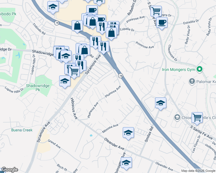map of restaurants, bars, coffee shops, grocery stores, and more near 2417 Plumosa Court in Vista