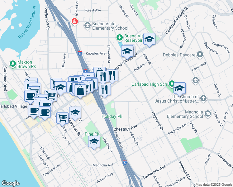map of restaurants, bars, coffee shops, grocery stores, and more near 1276 Pine Avenue in Carlsbad