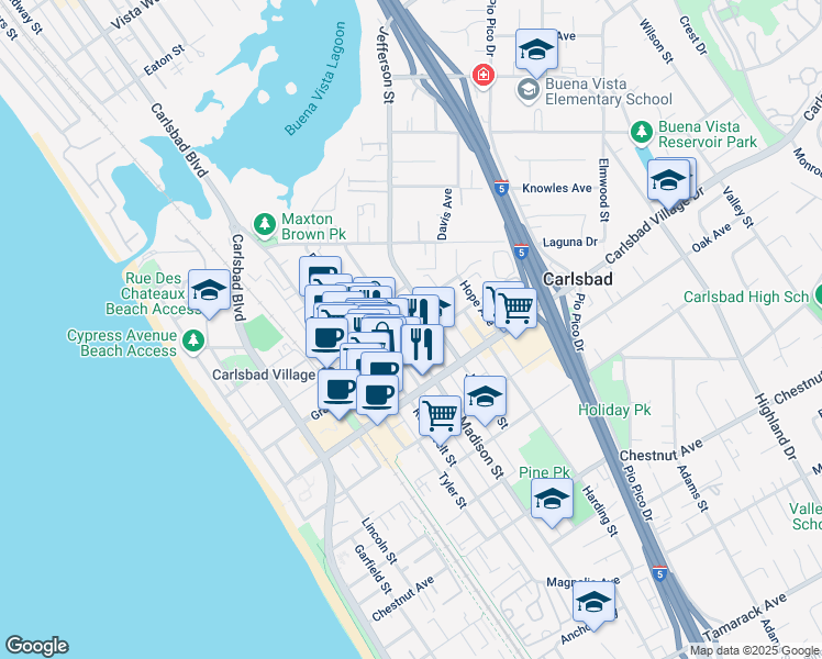 map of restaurants, bars, coffee shops, grocery stores, and more near 752 Grand Avenue in Carlsbad