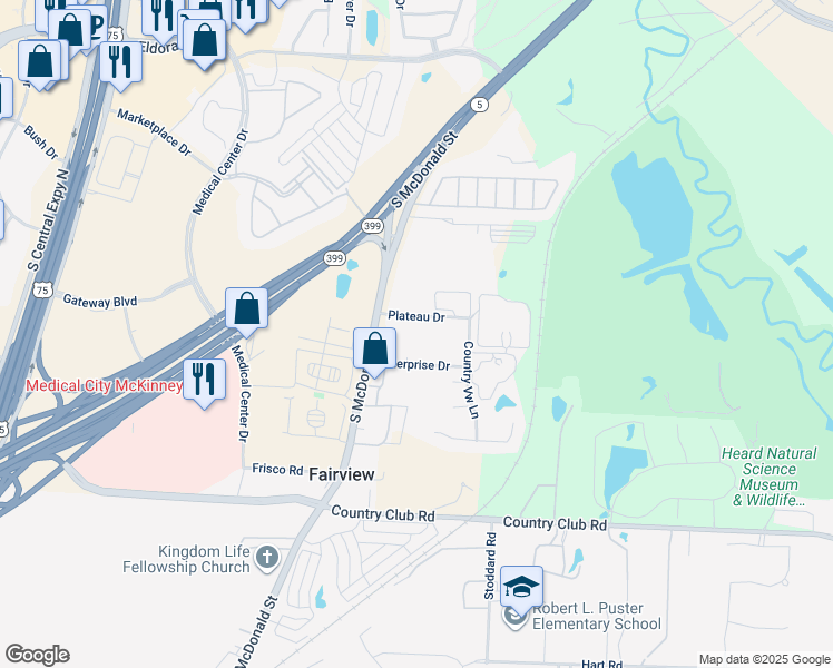 map of restaurants, bars, coffee shops, grocery stores, and more near 150 Enterprise Blvd in McKinney