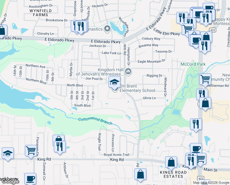 map of restaurants, bars, coffee shops, grocery stores, and more near 500 Witt Road in Little Elm