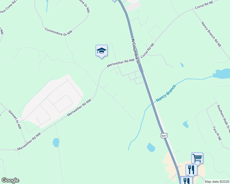 map of restaurants, bars, coffee shops, grocery stores, and more near 129 Red Oak Trail in Milledgeville