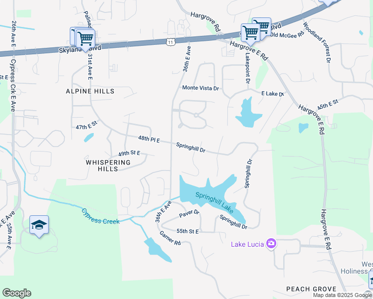 map of restaurants, bars, coffee shops, grocery stores, and more near 3633 Springhill Drive in Tuscaloosa