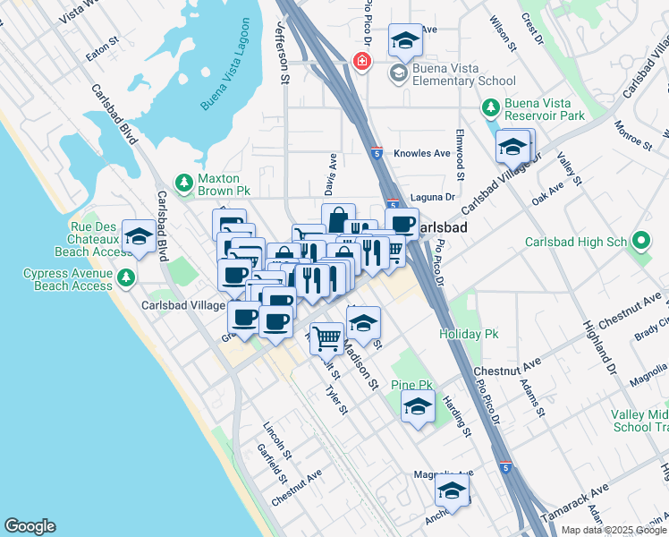 map of restaurants, bars, coffee shops, grocery stores, and more near 2910 Jefferson Street in Carlsbad