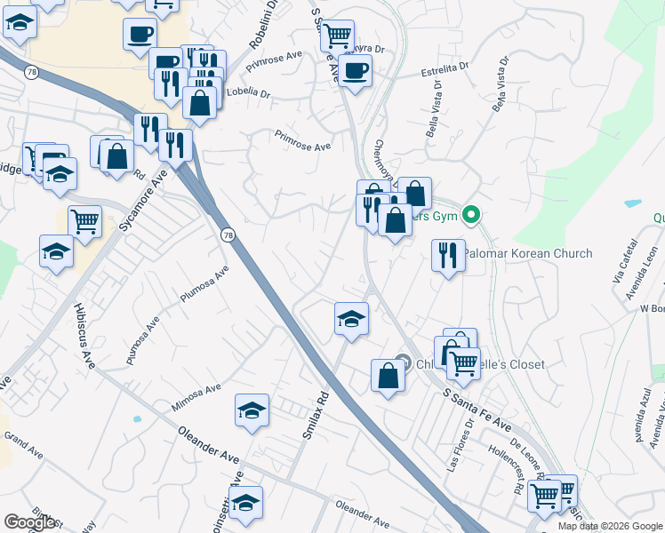 map of restaurants, bars, coffee shops, grocery stores, and more near 274 Poinsettia Avenue in Vista