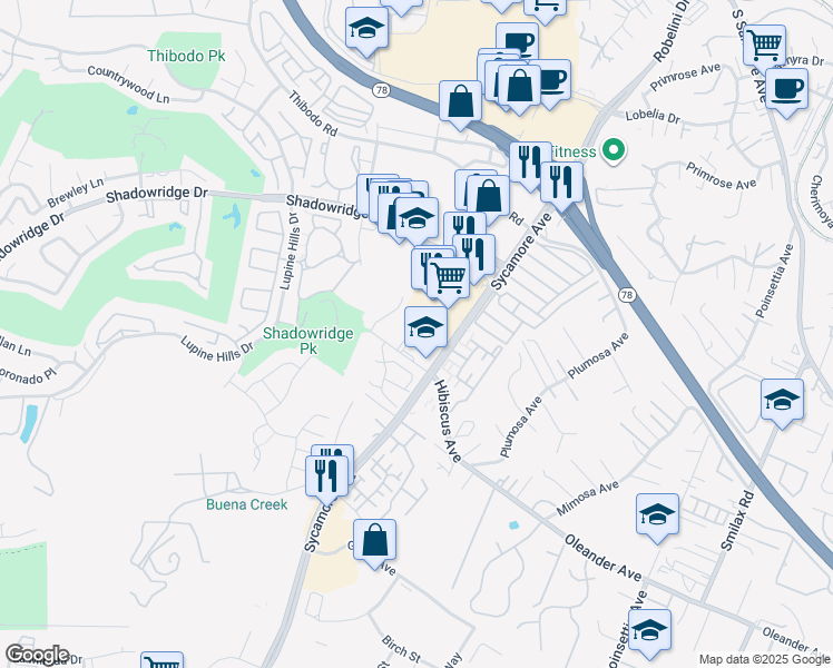 map of restaurants, bars, coffee shops, grocery stores, and more near 2354 Watson Way in Vista