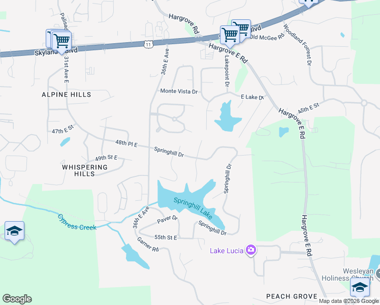 map of restaurants, bars, coffee shops, grocery stores, and more near 3756 Springhill Drive in Tuscaloosa