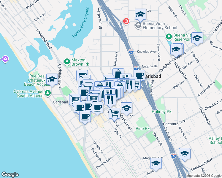 map of restaurants, bars, coffee shops, grocery stores, and more near 784 Grand Avenue in Carlsbad