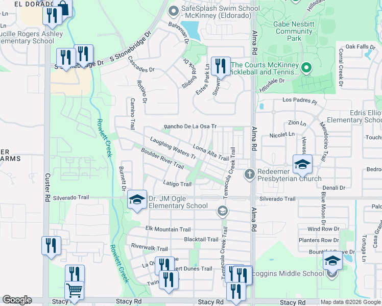 map of restaurants, bars, coffee shops, grocery stores, and more near 8008 Laughing Waters Trail in McKinney