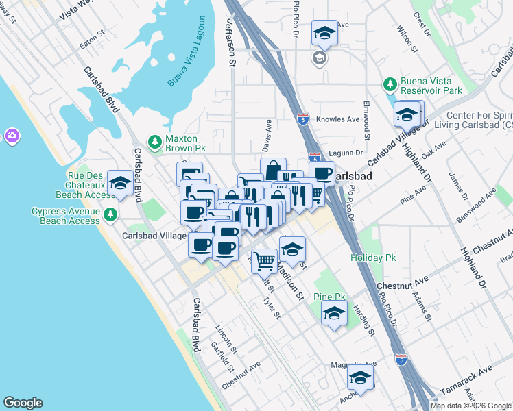 map of restaurants, bars, coffee shops, grocery stores, and more near 784 Grand Avenue in Carlsbad