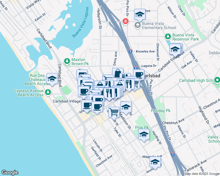 map of restaurants, bars, coffee shops, grocery stores, and more near 786 Grand Avenue in Carlsbad