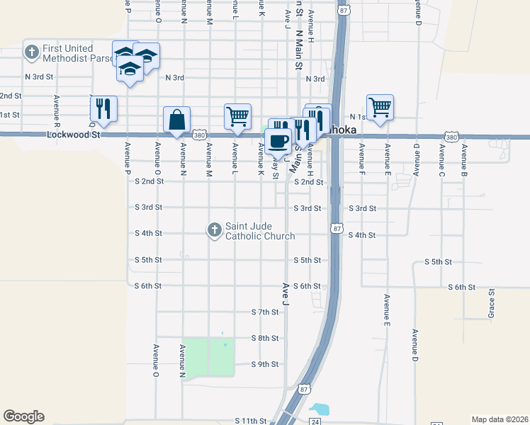 map of restaurants, bars, coffee shops, grocery stores, and more near 1628-1630 South 4th Street in Tahoka