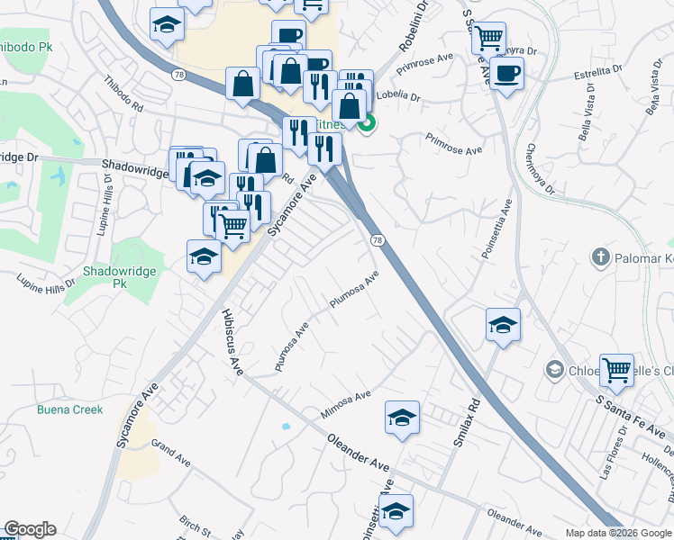 map of restaurants, bars, coffee shops, grocery stores, and more near 2422 Plumosa Court in Vista