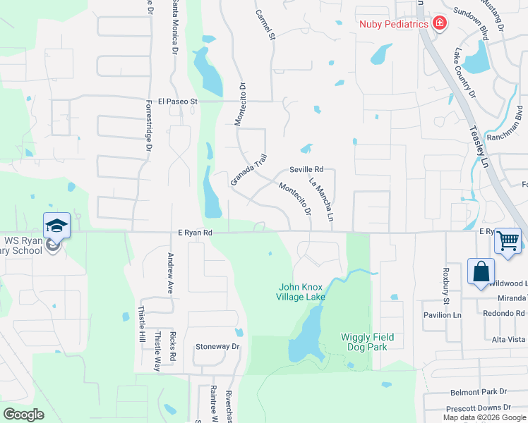 map of restaurants, bars, coffee shops, grocery stores, and more near 1121 Ryan Road in Denton