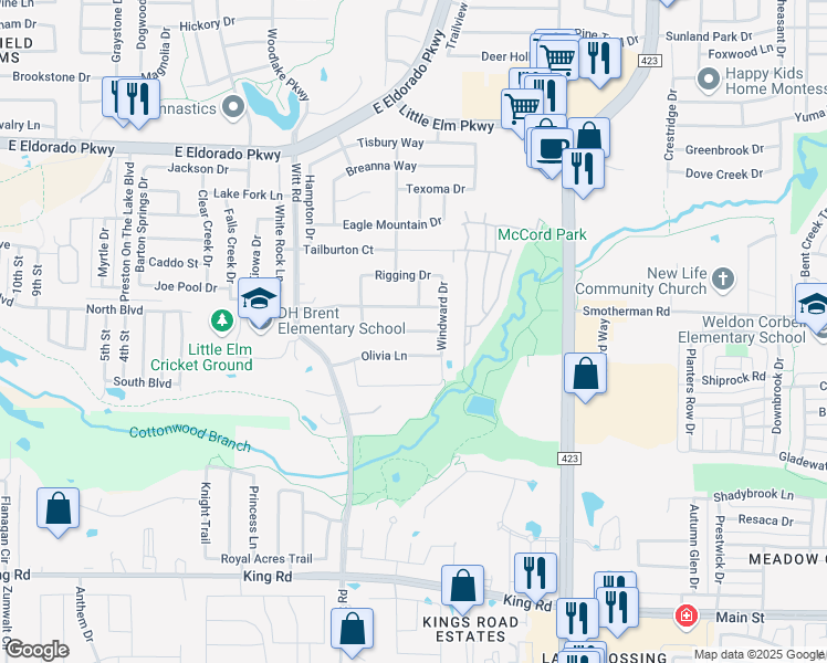 map of restaurants, bars, coffee shops, grocery stores, and more near Leeward Place in Little Elm