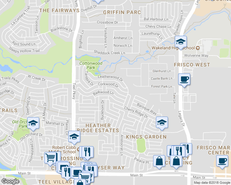 map of restaurants, bars, coffee shops, grocery stores, and more near 3552 Barkwood Lane in Frisco