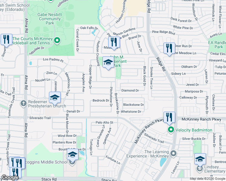 map of restaurants, bars, coffee shops, grocery stores, and more near 5701 Lodgestone Drive in McKinney