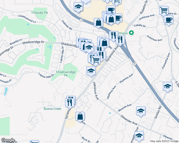map of restaurants, bars, coffee shops, grocery stores, and more near 867 Sycamore Avenue in Vista