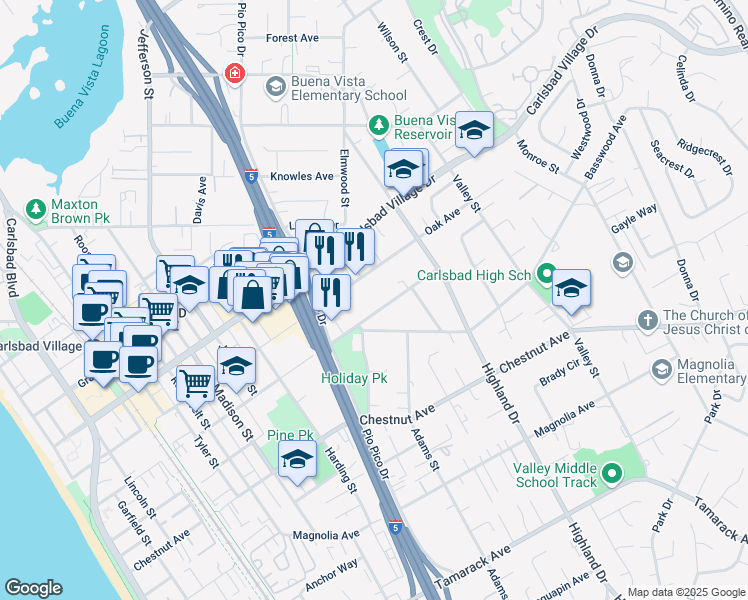 map of restaurants, bars, coffee shops, grocery stores, and more near 1276 Pine Avenue in Carlsbad