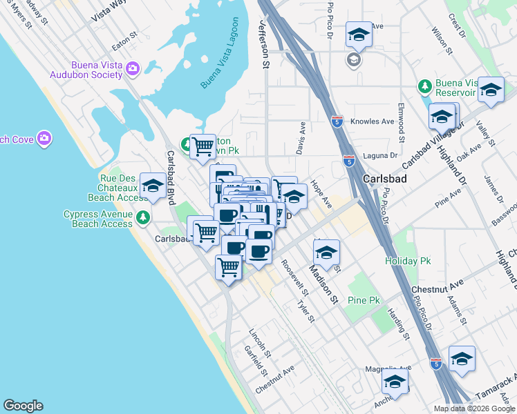 map of restaurants, bars, coffee shops, grocery stores, and more near 6780 Friars Road in San Diego