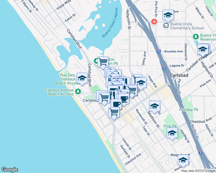 map of restaurants, bars, coffee shops, grocery stores, and more near 2677 State Street in Carlsbad