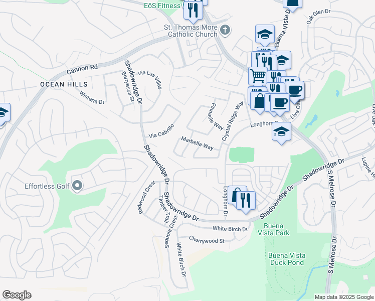 map of restaurants, bars, coffee shops, grocery stores, and more near 1841 Paseo Del Lago Drive in Vista