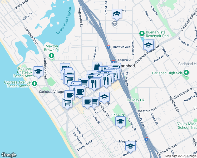 map of restaurants, bars, coffee shops, grocery stores, and more near 880 Carlsbad Village Drive in Carlsbad