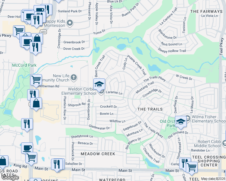map of restaurants, bars, coffee shops, grocery stores, and more near 1496 Kingfisher Lane in Frisco