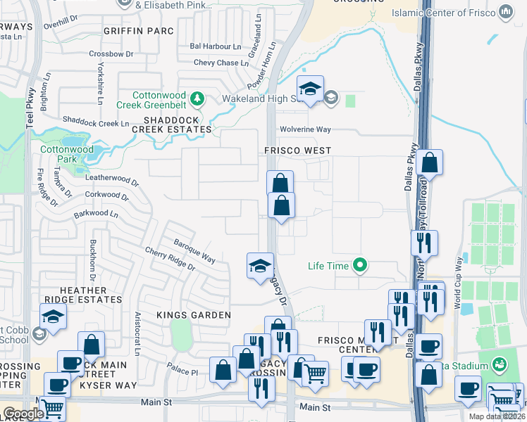 map of restaurants, bars, coffee shops, grocery stores, and more near 10050 Legacy Drive in Frisco