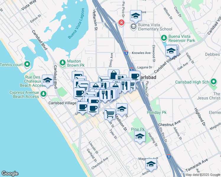 map of restaurants, bars, coffee shops, grocery stores, and more near 2910 Jefferson Street in Carlsbad