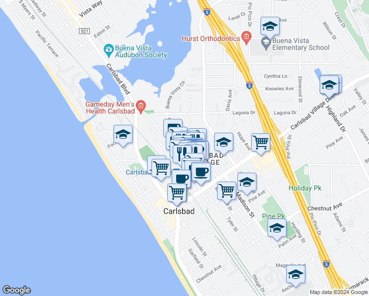 map of restaurants, bars, coffee shops, grocery stores, and more near 2785 Roosevelt Street in Carlsbad