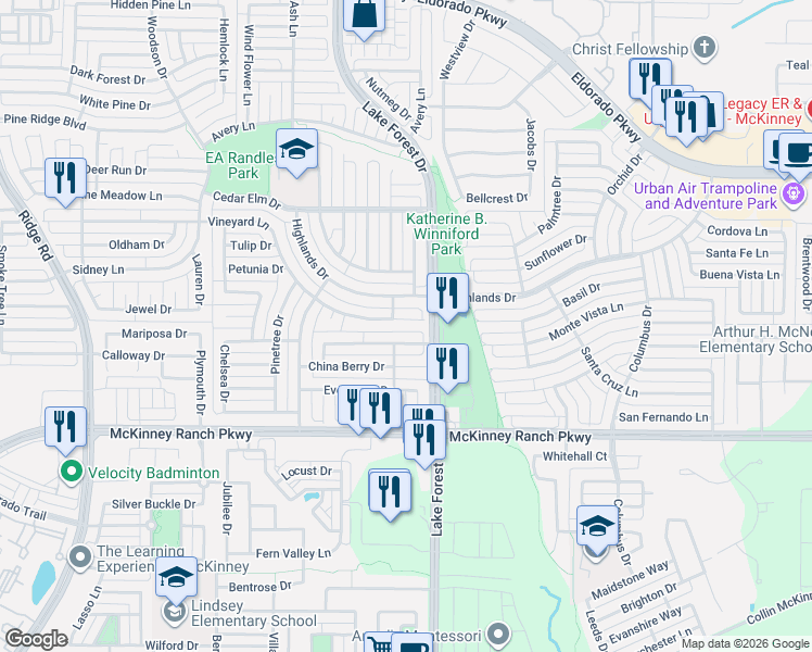 map of restaurants, bars, coffee shops, grocery stores, and more near 5017 Vineyard Lane in McKinney