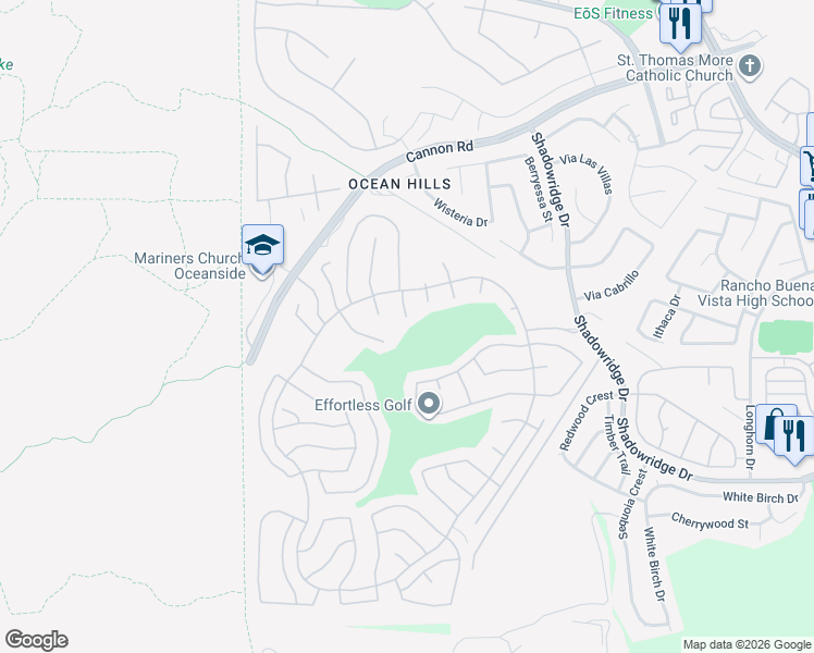 map of restaurants, bars, coffee shops, grocery stores, and more near 4723 Cordoba Way in Oceanside