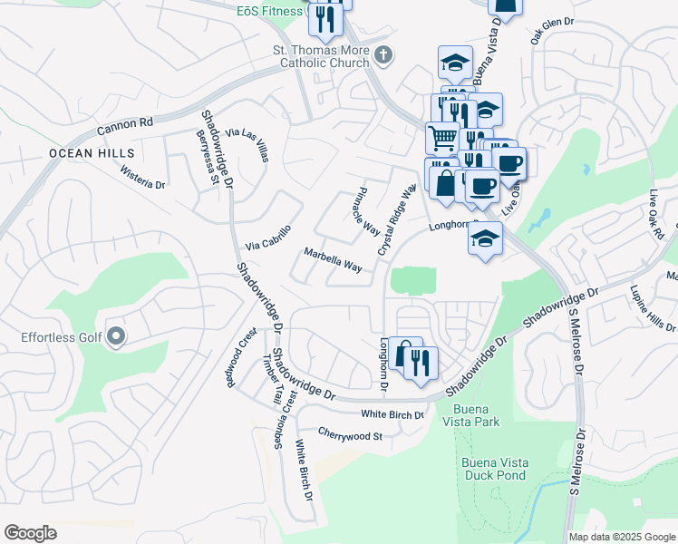 map of restaurants, bars, coffee shops, grocery stores, and more near 1816 Paseo Del Lago Drive in Vista