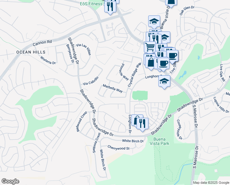 map of restaurants, bars, coffee shops, grocery stores, and more near 1816 Paseo Del Lago Drive in Vista