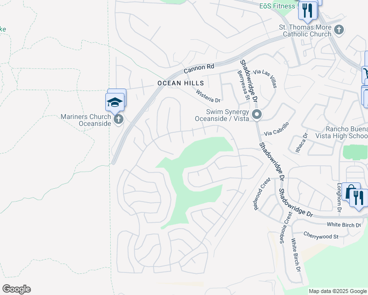 map of restaurants, bars, coffee shops, grocery stores, and more near 4723 Cordoba Way in Oceanside