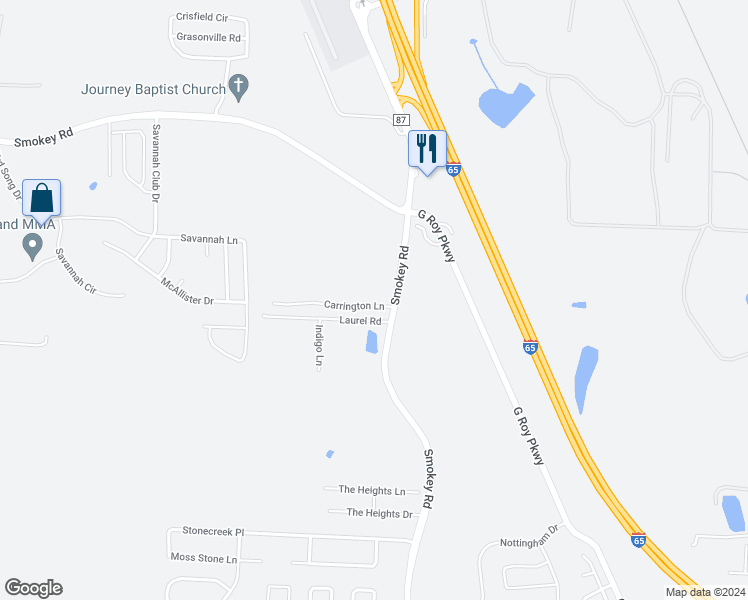 map of restaurants, bars, coffee shops, grocery stores, and more near 120 Carrington Lane in Calera