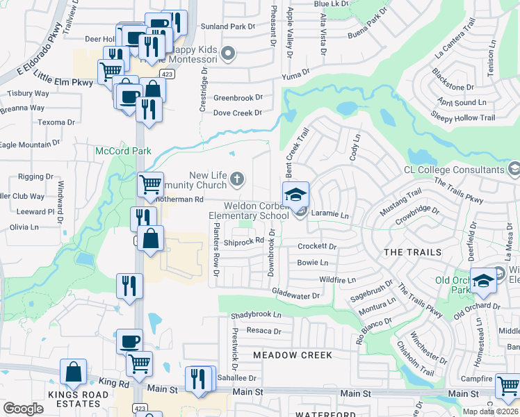 map of restaurants, bars, coffee shops, grocery stores, and more near 1026 Turnstone Trail in Frisco