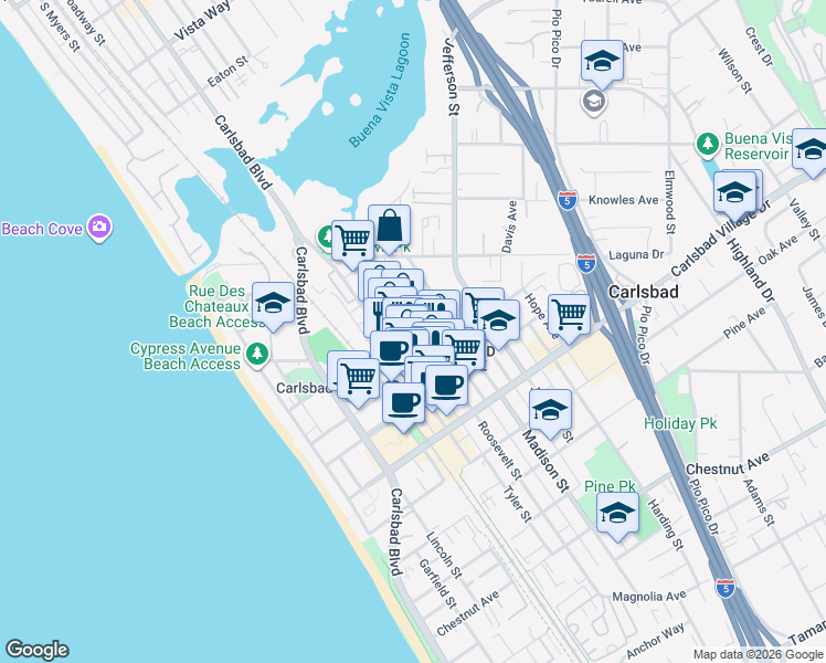 map of restaurants, bars, coffee shops, grocery stores, and more near 2715 Madison Street in Carlsbad
